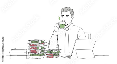 An office worker practicing healthy eating habits at his desk with a stack of prepared salads and a green drink
