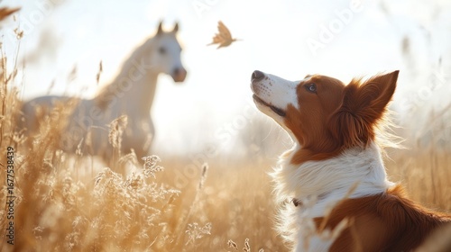Dreamy Moment: A captivating scene unfolds with a dog gazing up at a bird in mid-flight, a horse in the blurred background, bathed in soft sunlight, offering a glimpse into a tranquil.