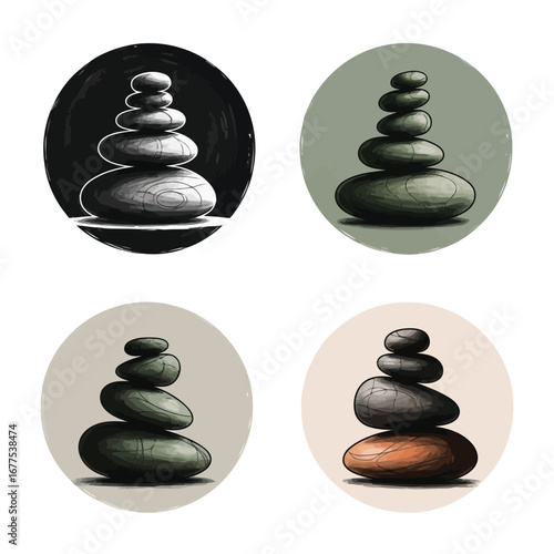 A set of four circular icons featuring artistic illustrations of stacked, balanced zen stones for wellness concepts.