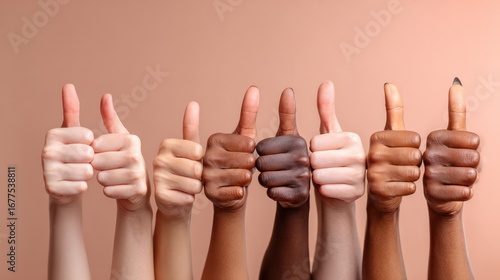 Thumbs Up: A powerful image of human connection and affirmation, depicting a variety of hands with different skin tones giving a thumbs up signal, conveying a message of approval and agreement. 