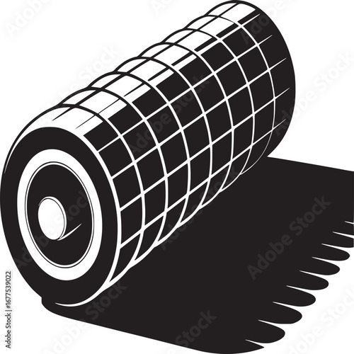 A black and white illustration of a cylindrical object with a grid pattern and a dark shadow cast below it