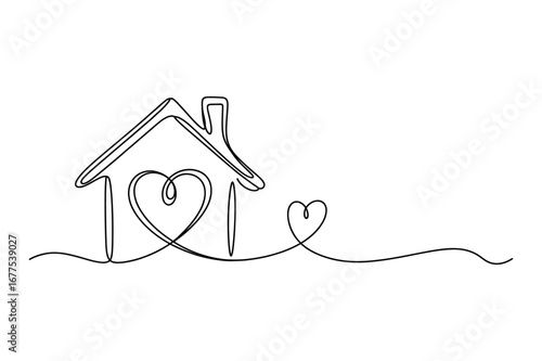 Continuous Line Drawing of a House with a Heart | Vector Illustration for a Home and Family Love.