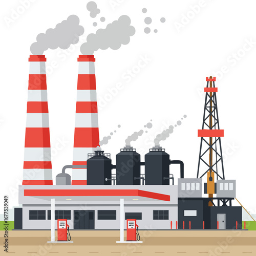 Industrial factory with red and white chimneys releasing smoke and fuel pumps in flat vector style illustration 