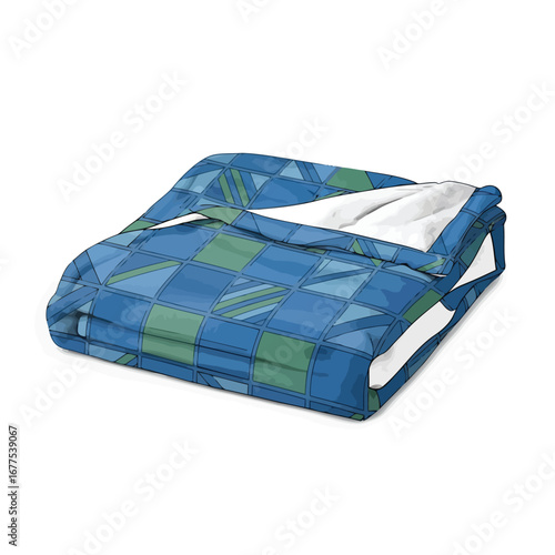 A cozy folded throw blanket with a blue and green geometric patchwork quilt pattern.