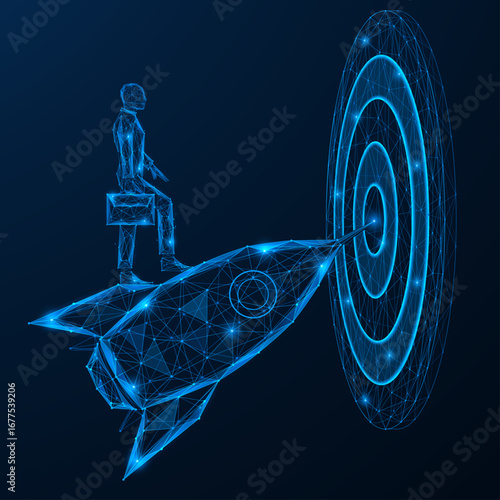 The startup is on its way to the goal. A businessman with a briefcase stands on a rocket that rushes straight into the center of the target. Striving for success and a fast path to results.
