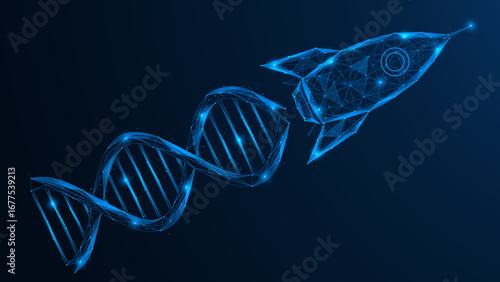 Genetic research. A rocket leaving a trail in the form of a DNA spiral. The connection between the science of extraterrestrial life, biotechnology and space research.