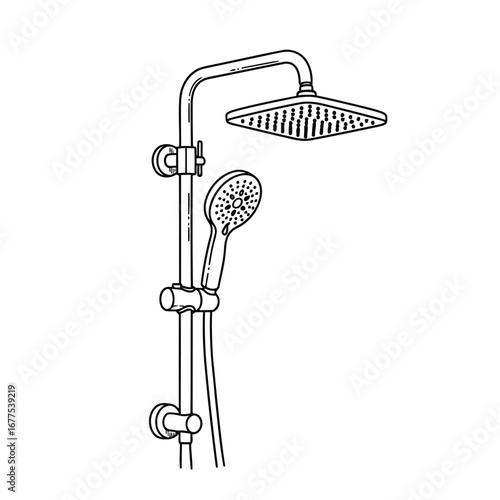 Line drawing of a modern shower system featuring a square rain shower head and a handheld shower on a slide bar.