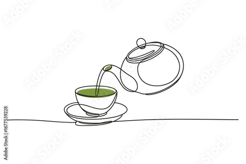 Continuous Line Drawing of an cup of tea and teapot