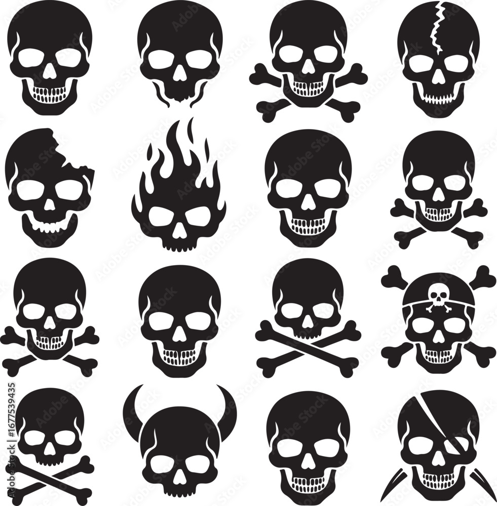 Fototapeta premium Collection of diverse skull and crossbones graphic designs for creative use