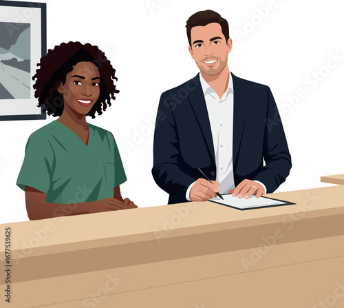 Two professionals working together at office reception desk smiling and communicating in business environment vector illustration