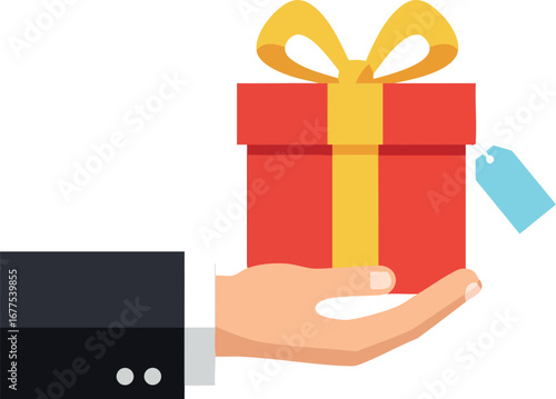 Hand holding red gift box with yellow ribbon and blue price tag flat vector illustration for celebration or present giving purposes