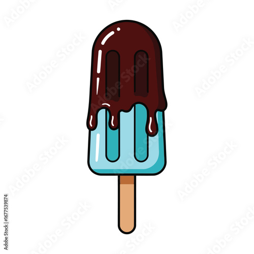 Illustration of a blue popsicle with chocolate coating on a stick.