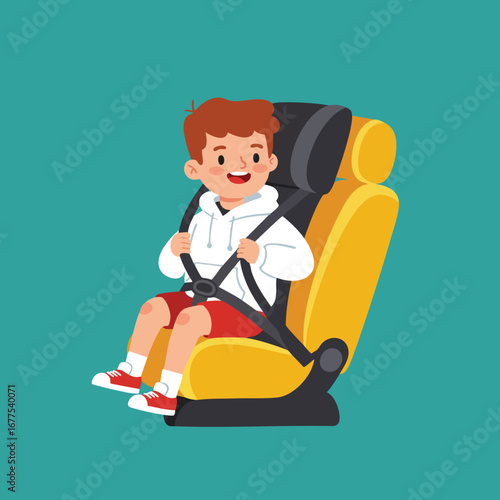 Child sitting safely in car seat wearing seatbelt for child safety awareness and protection vector illustration 