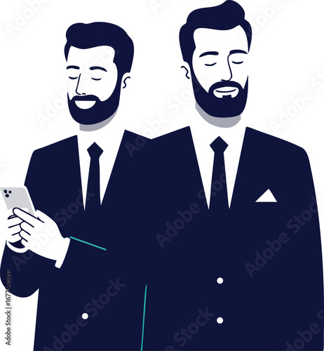 Two businessmen in suits with beards one holding smartphone digital communication vector illustration
