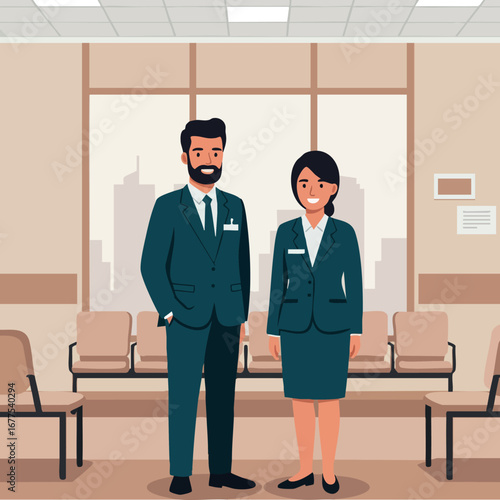 Businessman and businesswoman standing in office waiting room wearing formal suits professional vector illustration