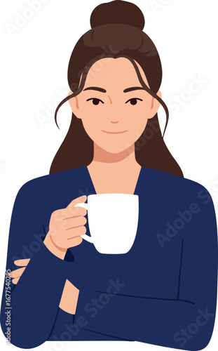 Woman holding cup enjoying drink in casual navy blue outfit with hair bun vector illustration