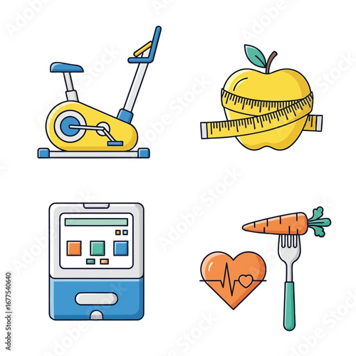 A collection of four colorful icons representing health and fitness, including an exercise bike, an apple with a measuring tape, a health monitor, and a heart rate symbol with a carrot on a fork.