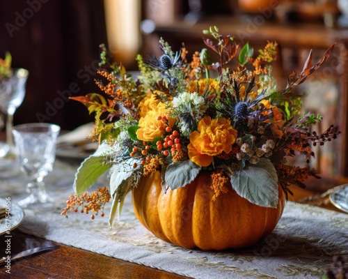 Thanksgiving centerpiece pumpkin vase with autumn flowers