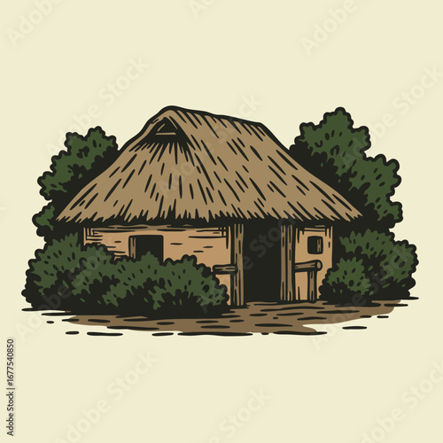 Traditional rural hut with thatched roof surrounded by green bushes and trees vector illustration 