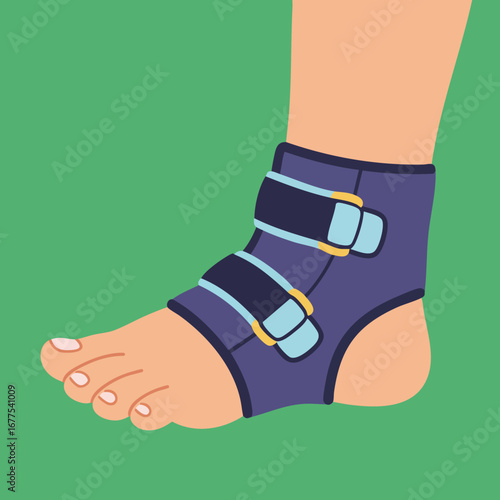 Foot wearing adjustable blue ankle brace for support and injury recovery in medical care and sports activities vector illustration 