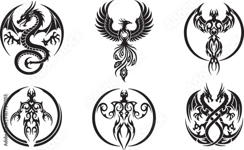 Illustration set of detailed mythical creature and tribal designs for creative projects and design