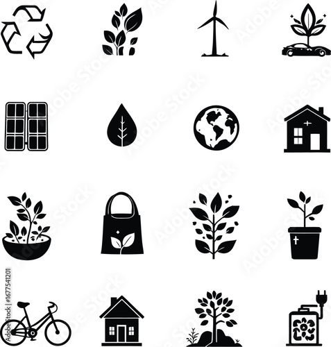 Eco friendly sustainable living icons vector set of renewable energy and green lifestyle elements design