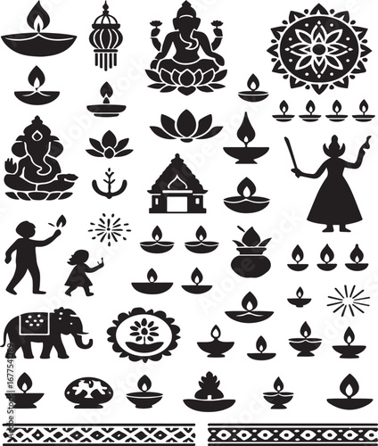 Extensive collection of Indian cultural icons and festive motifs in black silhouette culture symbol