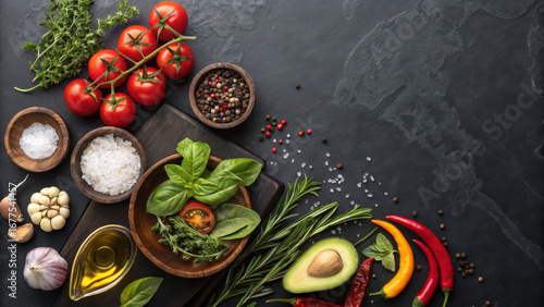 Wallpaper Mural Fresh vegetable herb spice tomato basil avocado chili rosemary garlic olive oil blend into rustic culinary scene black stone table vibrant and inviting perfect for cooking and healthy food concepts Torontodigital.ca
