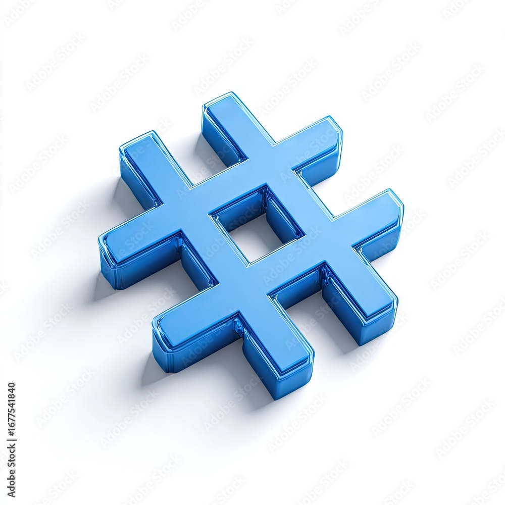 Fototapeta premium 3D rendered, bright blue hashtag symbol, isolated on white. Glossy, slightly transparent appearance