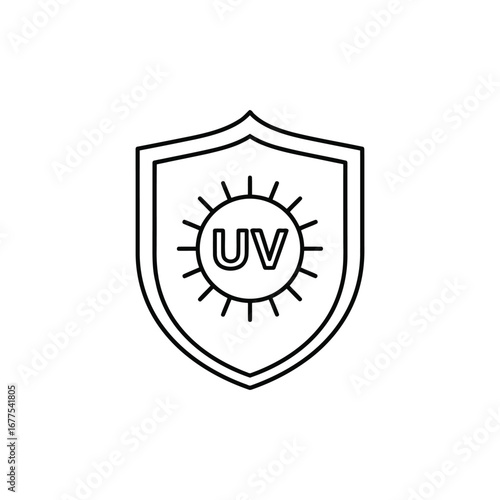 A black and white line icon of a shield with a sun symbol containing the letters UV, representing ultraviolet protection.
