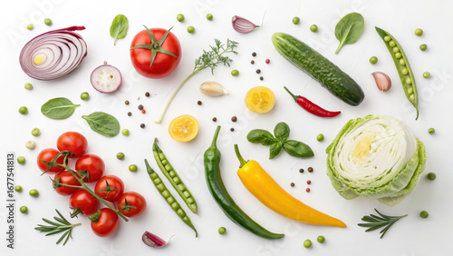 Wallpaper Mural Fresh vegetable pattern, tomato cucumber pepper pea cabbage onion garlic basil dill chili arranged white background, flat lay style with vibrant color and healthy vibe, creative layout made Torontodigital.ca