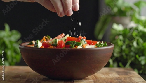 A hand sprinkles salt over a vibrant mixture of colorful chopped vegetables in a rustic bowl.