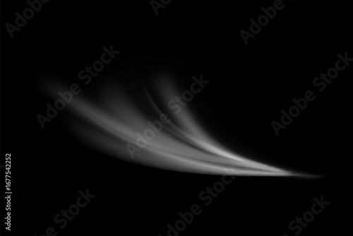 White wind lines element. Abstract light lines of movement and speed. Air stream flow wavy motion trace on dark background. Vector illustration.