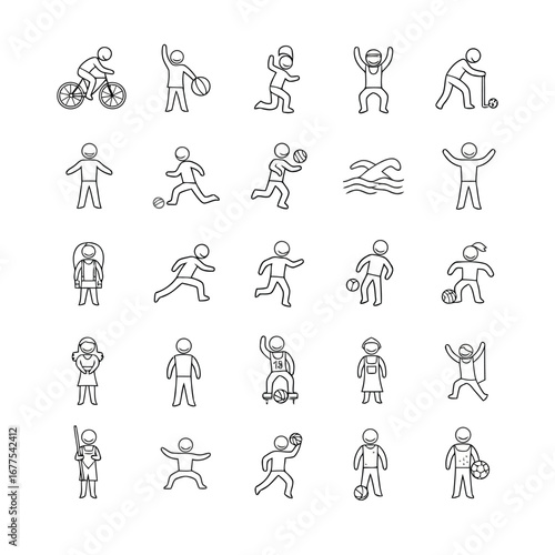 Collection of line art illustrations depicting various sports and recreational activities with stick figures.