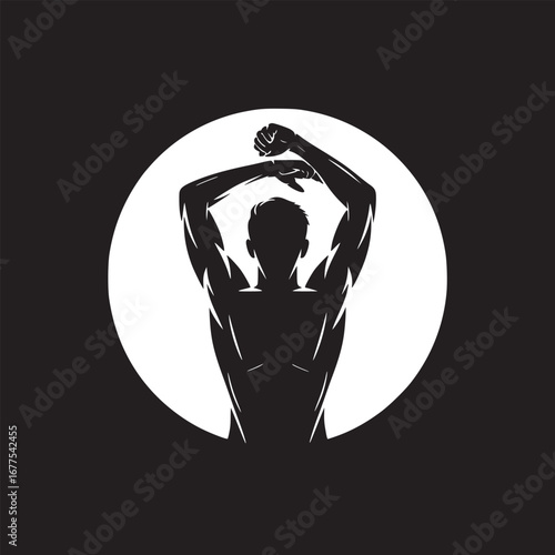 Silhouette of muscular man with arms raised against white circle on black background illustration