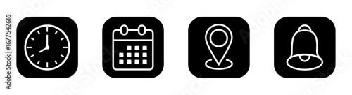 Frame Date, time, and location UI icon set with clock, calendar, and address symbols, editable stroke outline style, modern clean vector illustration