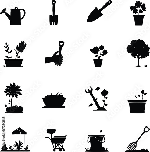Gardening tools and plants silhouette icons vector set for garden design and landscaping projects