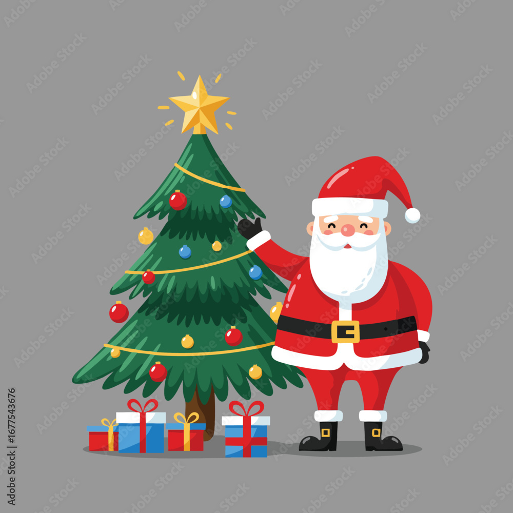 Fototapeta premium Santa Claus decorating Christmas tree with star and colorful presents festive holiday celebration illustration vector
