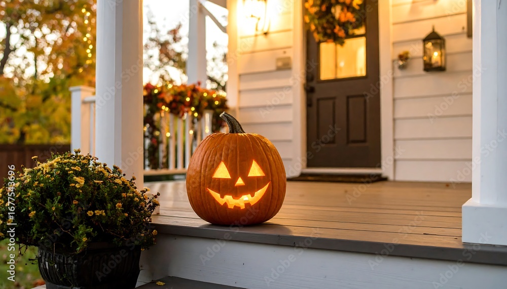 Obraz premium Halloween jack-o'-lantern on a porch