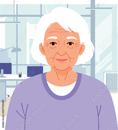 Elderly woman with white hair wearing purple sweater in modern office environment vector illustration