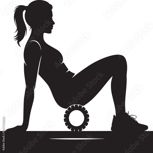 Silhouette of a woman using a foam roller for exercise and muscle recovery on a white background