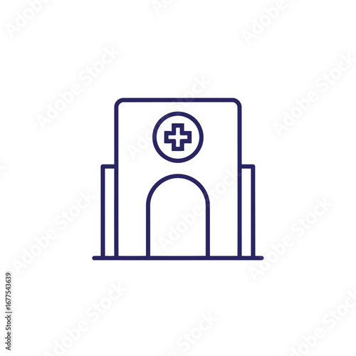 Hospital building icon with a medical cross symbol, a simple line art illustration for healthcare and clinic services.