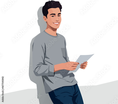 Young man reading letter leaning relaxed on wall casual clothing friendly expression vector illustration