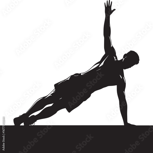 Silhouette of a man doing a side plank exercise with one arm raised against a white background