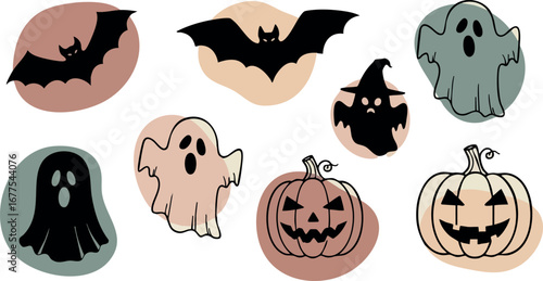 Halloween spooky ghosts bats and jack-o-lantern pumpkins vector illustration with muted colors and playful style