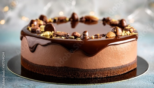 a mouthwatering chocolate mousse cake adorned with glossy ganache chopped nuts and chocolate drops