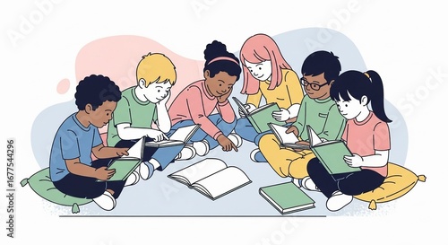 Diverse group of children enthusiastically reading books together on cushions in a bright, cheerful setting.