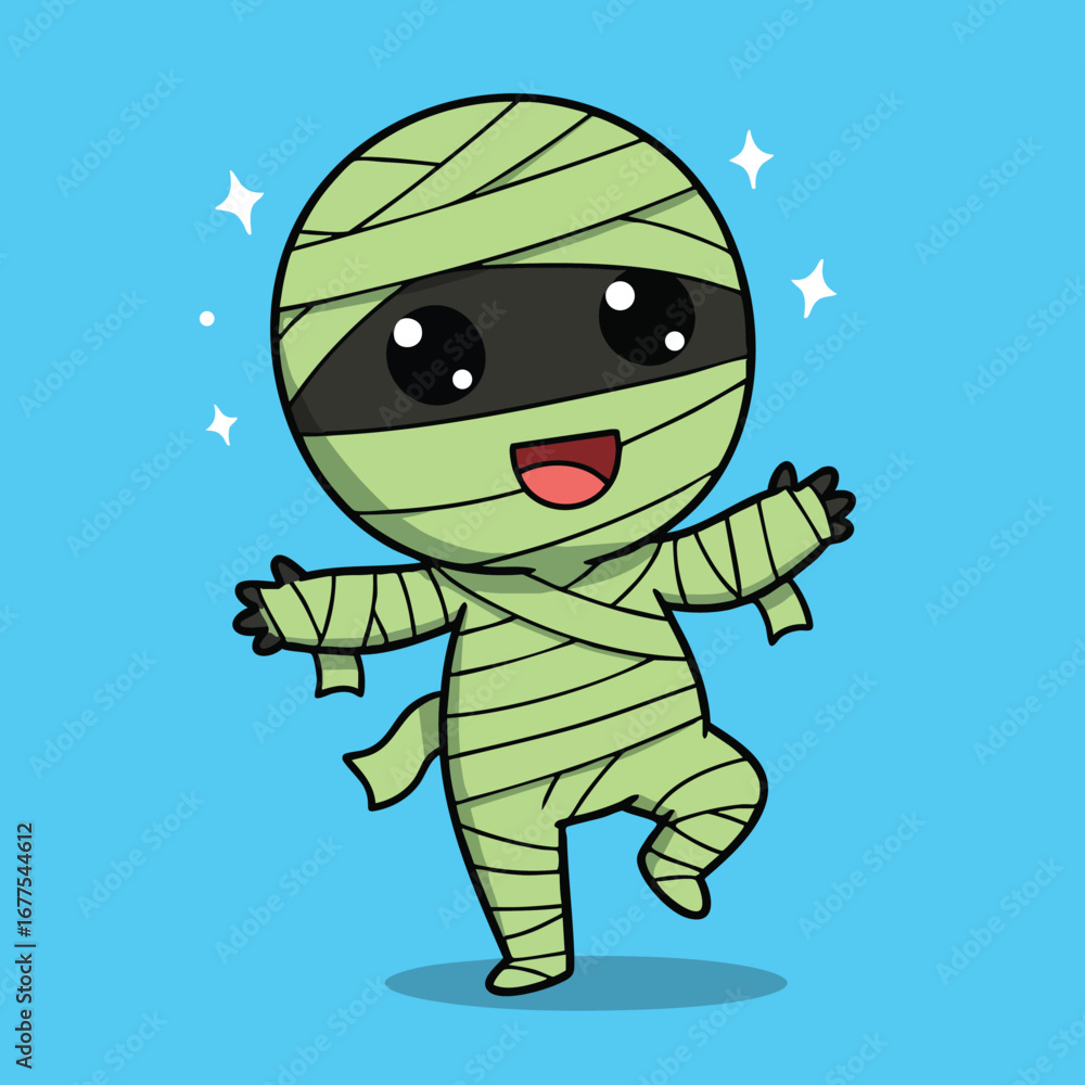 Obraz premium Cute dancing mummy character wrapped in green bandages with happy expression on blue background vector illustration 