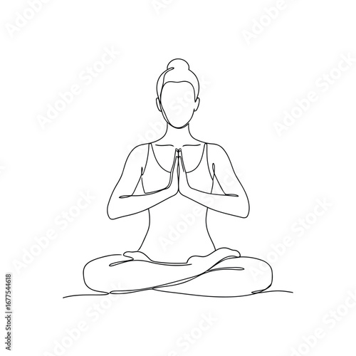 A minimalist line drawing of a person meditating in a lotus pose with hands pressed together.