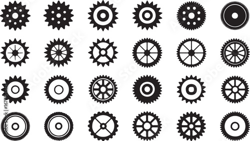 Collection of Black Silhouette Gears and Cogs in Various Designs and Sizes on a White Background